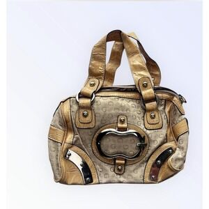 Guess Monogram Canvas Satchel Tan Croc Trim Silver Hardware Y2K Bowling Bag
